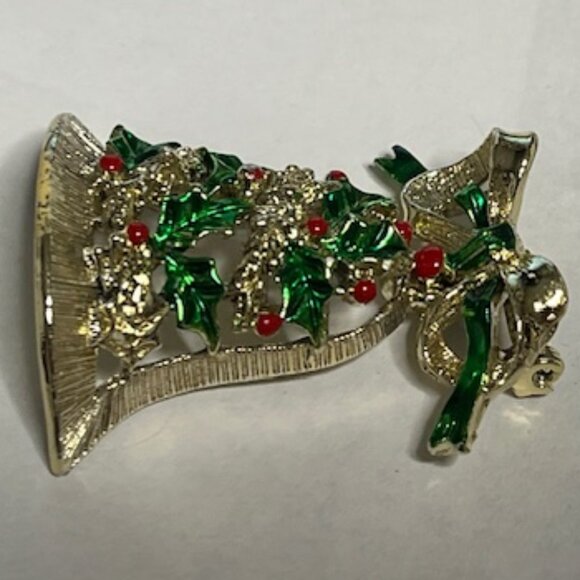VTG Gerry's Christmas Holiday Bell Gold Tone Red Green Movable Bow Brooch Pin 2" - Picture 10 of 15